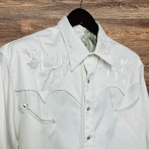 Vtg Roper Tooling Embroidered Pearl Snap Shirt Mens XL White Smile Pockets Rodeo